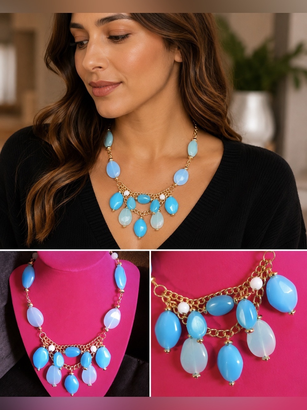 Chunky Blue Beaded Statement Necklace | Gold Tone Chain | Adjustable